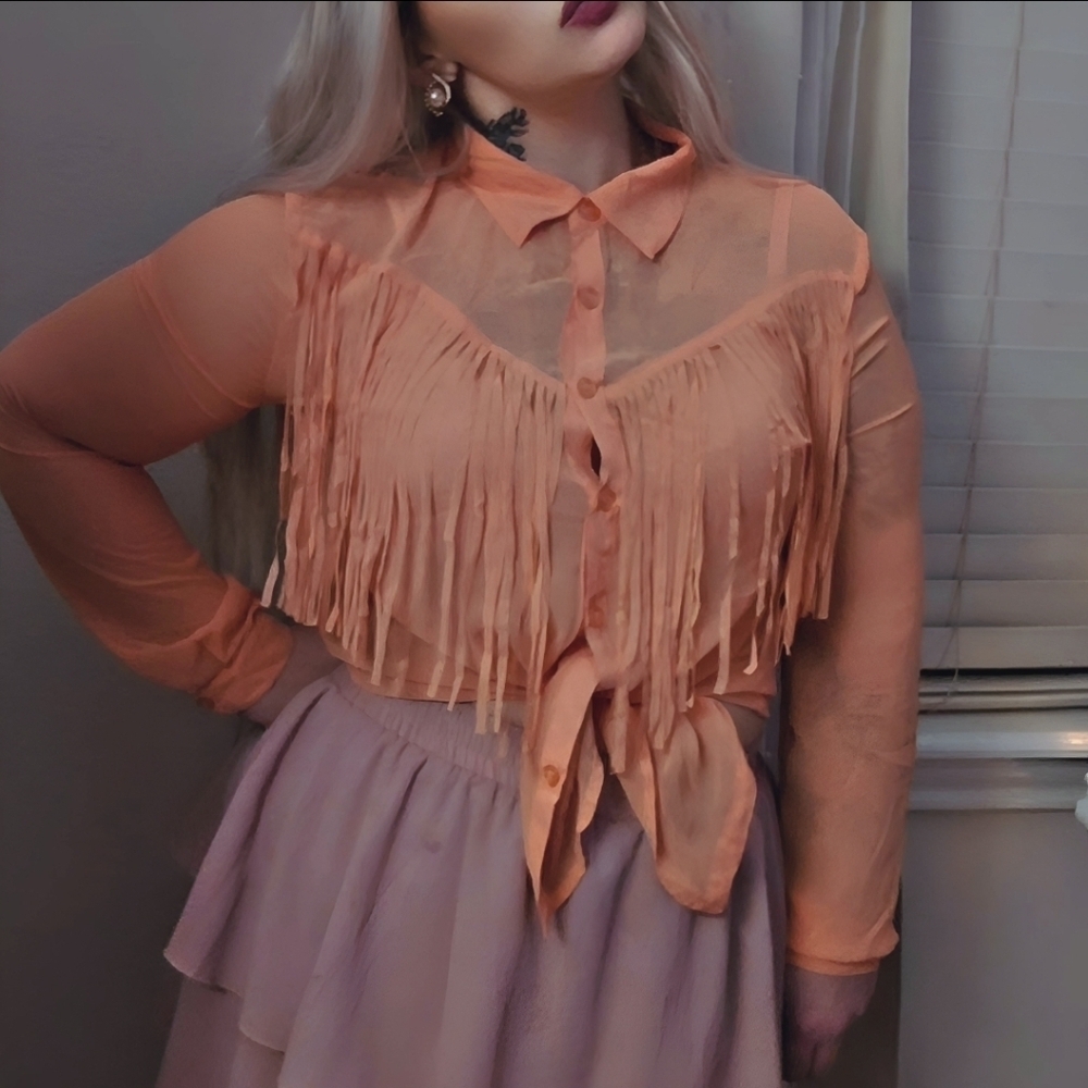 Bisou Bisou Michele Bohbot Sheer Western Fringe Button Up Top Size L